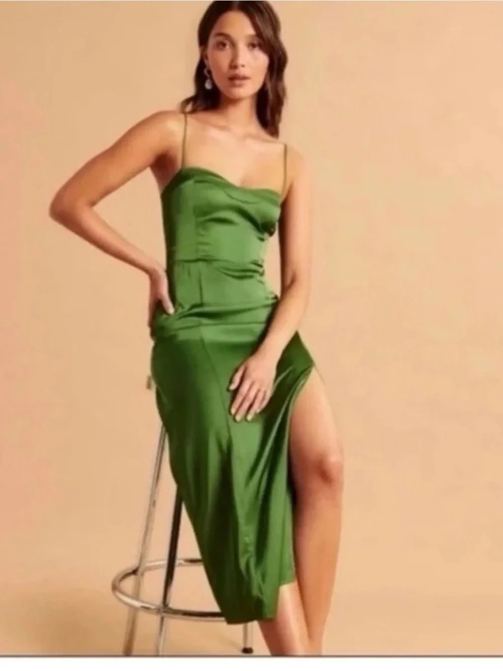 Abercrombie & Fitch Green Satin Slip Midi Dress Sweetheart Slit XS - Picture 2 of 9